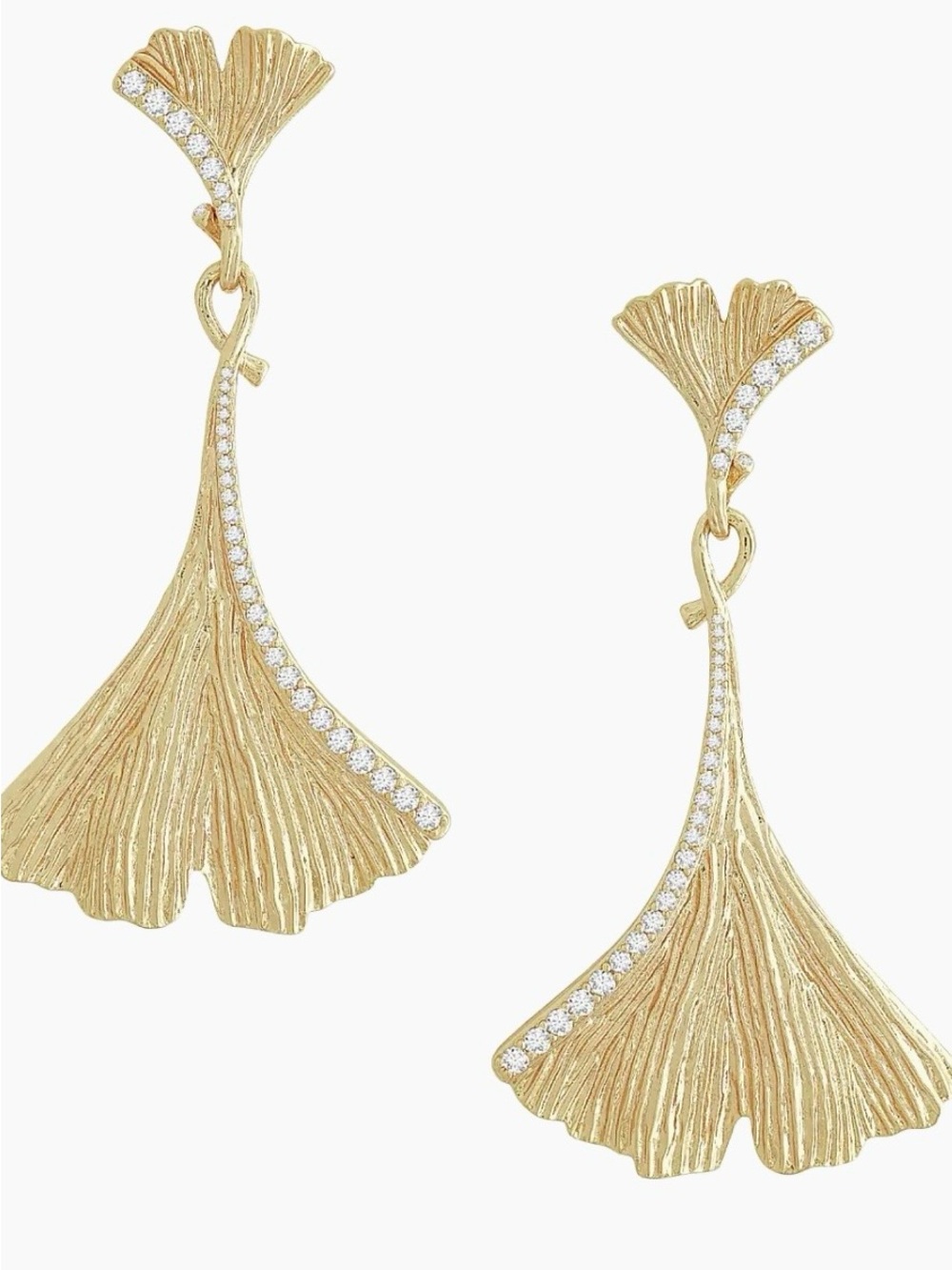 Gold Ginkgo Leaf Drop Earrings with Pavé Accents NWOT